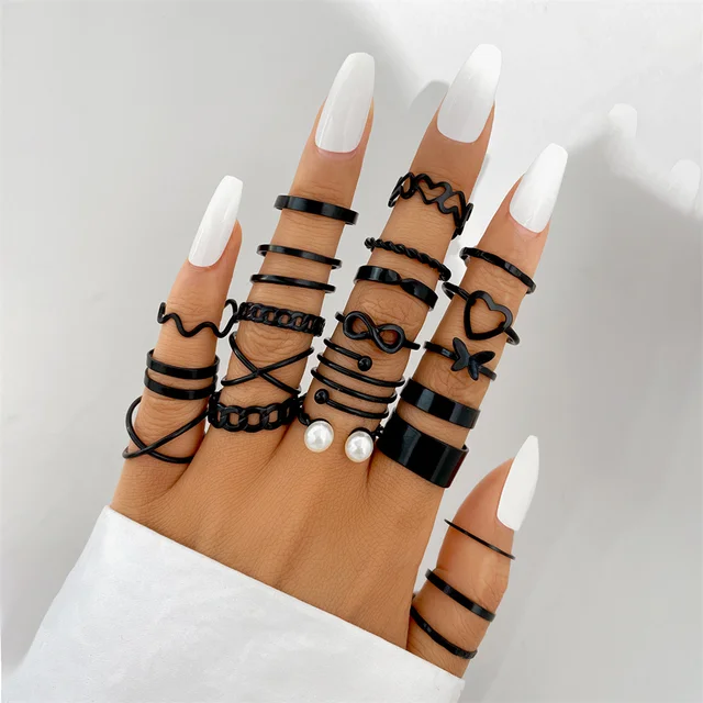 Ready Stock 22PCS/Set Black Color Hollow Out Finger Rings for Women Girls Geometric Goth Love Heart Spiral Knuckle Ring Set Jewelry_voghion.com