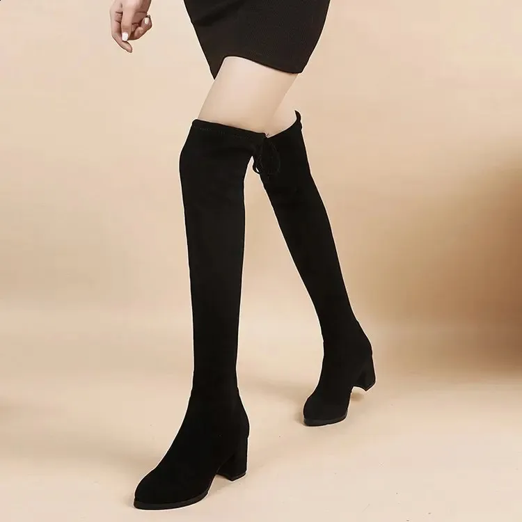 artificial Suede Autumn Zipper Elastic Knee Boots Womens Lace High Heels Black Botas Drone 240911_voghion.com