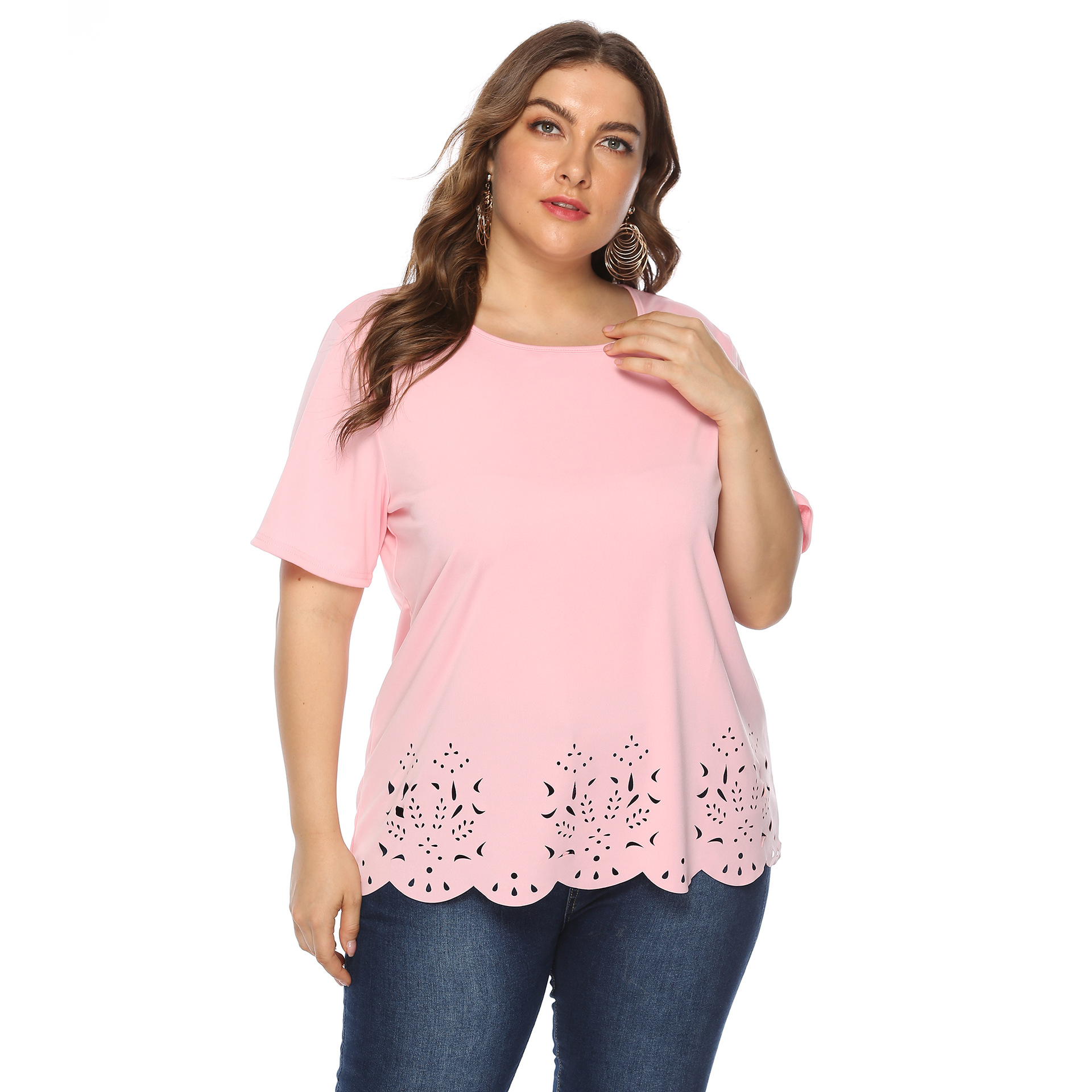 Women's tops large size women's clothing solid color burnt flower hollow wave edge casual short-sleeved T-shirt_voghion.com
