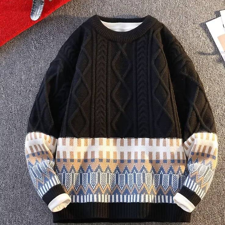 Pull en tricot Fair Isle – Confortable et festif (M-3XL, noir/blanc/bleu marine/orange/rouge, coupe oversize unisexe)_voghion.com