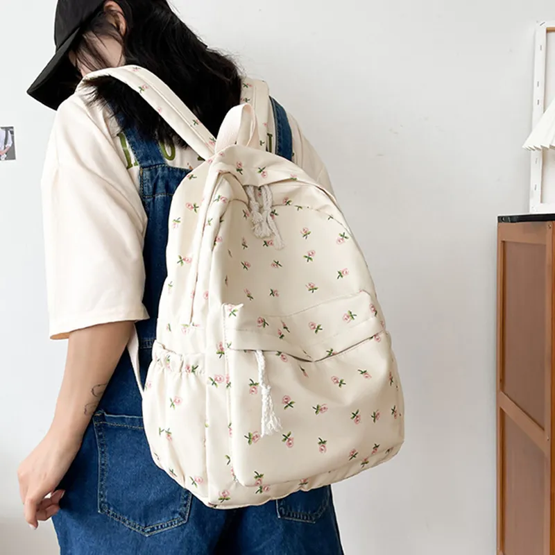 Korean Version Nylon Floral Flower Fashion Junior High School Backpack Travel Bag_voghion.com