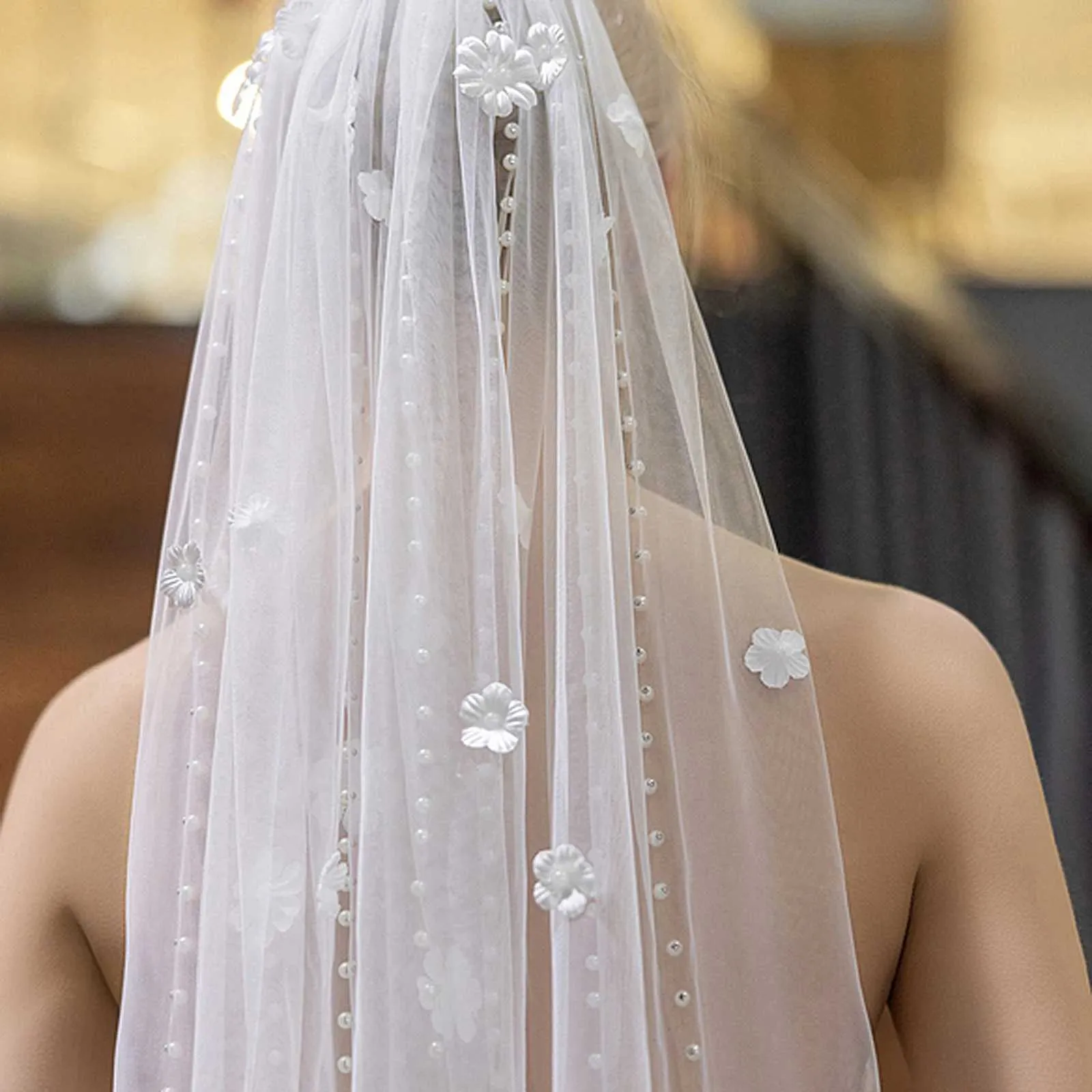Gioielli per capelli V193 Velo da sposa con perline e perline, fiori 3D, lungo, cattedrale, morbido, illusione, con pettine, elegante sposa_voghion.com