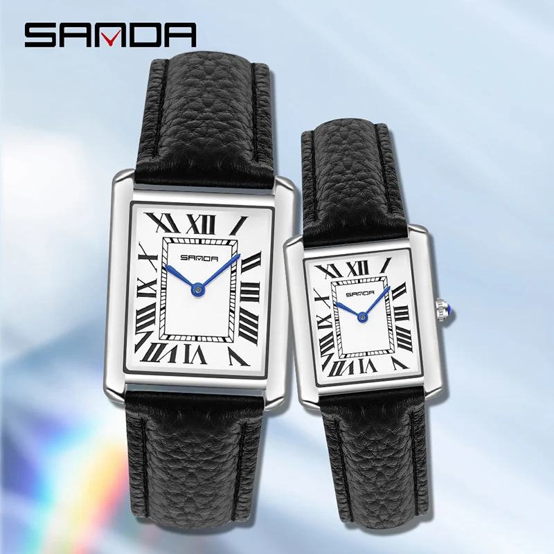 Elegant Square Quartz Couple Watches With Leather Strap For Him_voghion.com