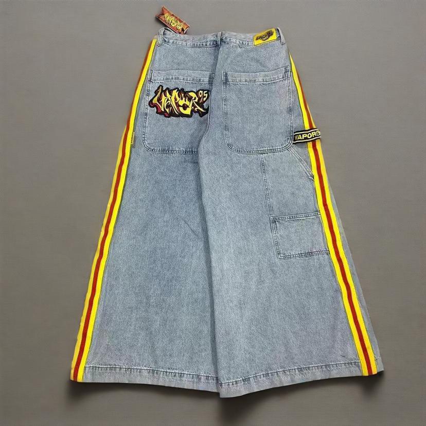 Women's Clothing High Street Fashion Brand Side Seam Contrast Color Patchwork Pocket Print Straight Wide Leg Jeans For Men And Women