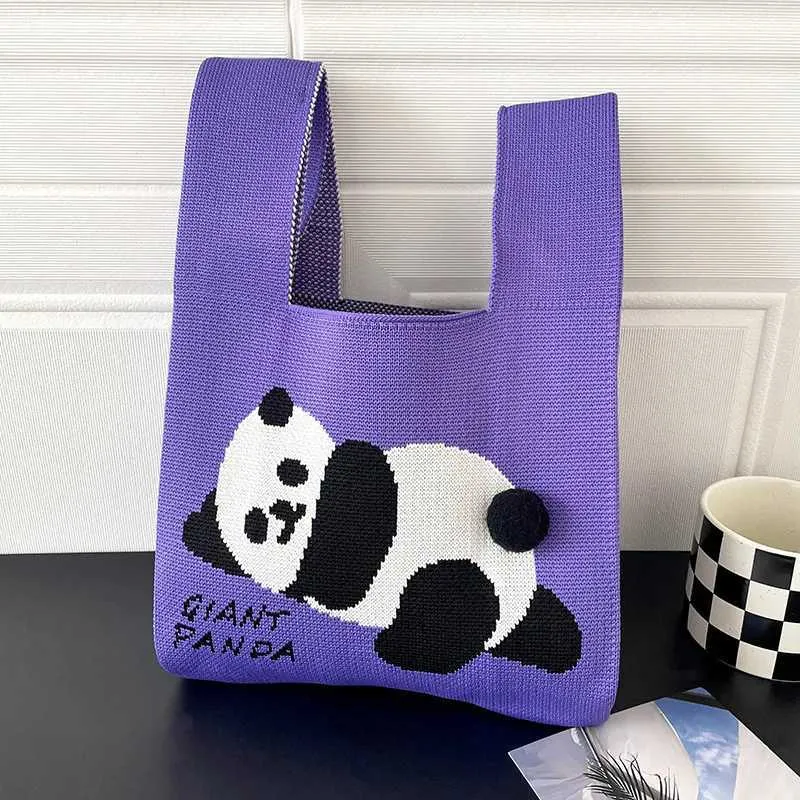 Gestrickte Damen Handtasche Mit Panda Motiv Großer Shopper_voghion.com