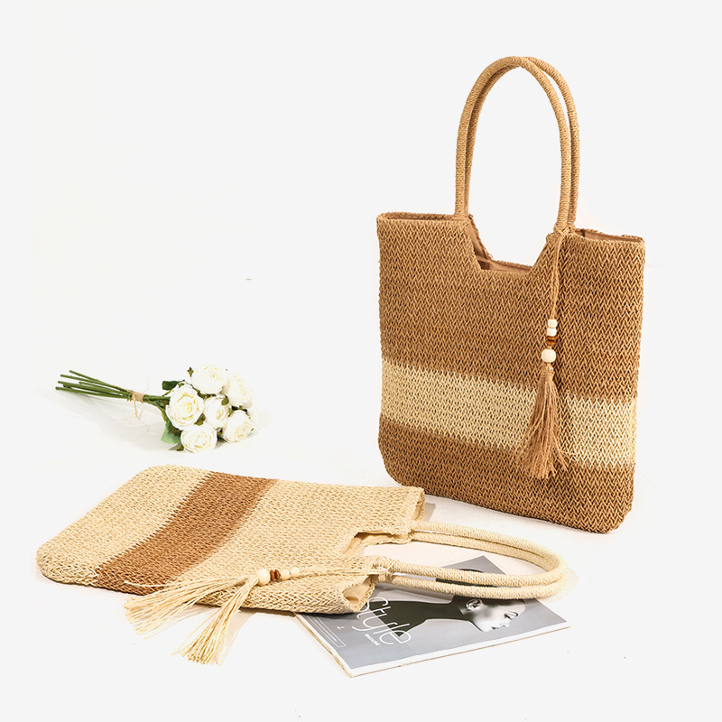 Borsa da donna versatile, casual, con tracolla singola, in paglia, con perline di legno e nappa, nuova, in tessuto a blocchi di colore, per le vacanze in spiaggia_voghion.com