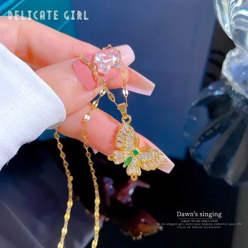 Collane in acciaio inossidabile, elegante collana con ciondolo a farfalla, catena con strass per donna, girocollo con cristalli scintillanti_voghion.com