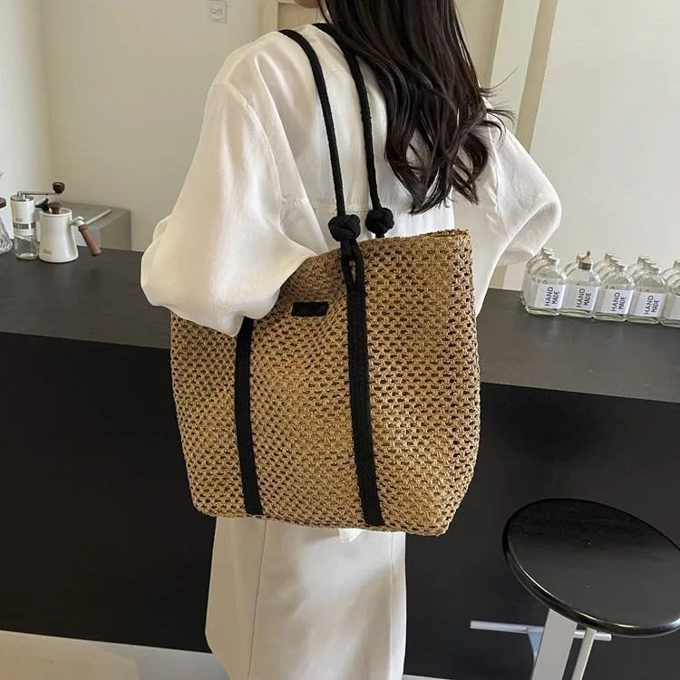 2025 Spring Summer New Arrival - Boho Chic Oversized Straw Tote Bag W/Shoulder Strap Free Shipping Lattice-Design Work &_voghion.com