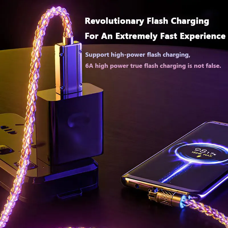 Câble de chargement USB-C pour voiture, lumière colorée RVB 120 W 6 A, transfert de données rapide, compatible avec iPhone/Samsung/Xiaomi_voghion.com