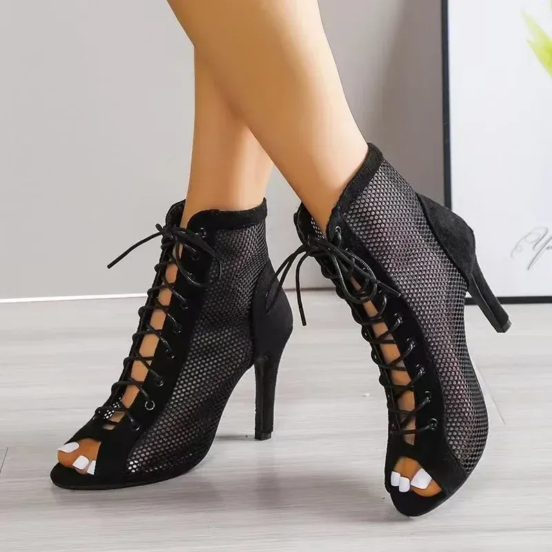 Sandalias de baile de verano para mujer, zapatos de salón, salsa, tango, de malla con recortes, para fiesta, 2024, E085_voghion.com