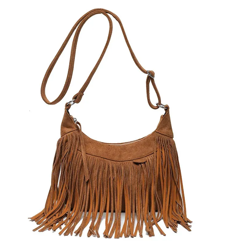 Borse a tracolla in pelle scamosciata con nappe e frange da donna 2024 Borsa a tracolla da donna alla moda Borsa a mano Tote Marrone Nero_voghion.com