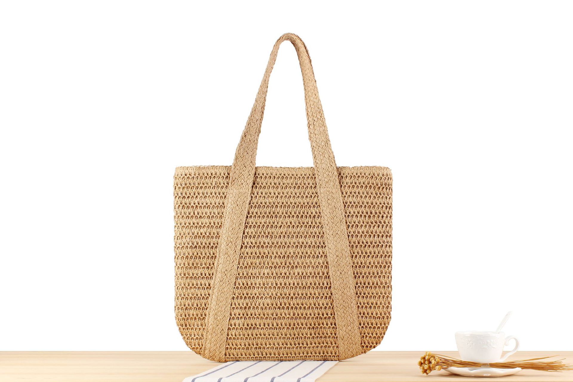 Borsa di paglia di grande capacità per le vacanze al mare Borsa tote Borsa a tracolla semplice ed avanzata per il tempo libero_voghion.com