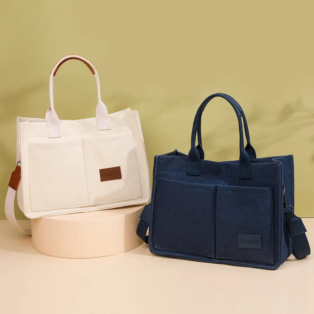 Women Fashion Shoulder Large Capacity Canvas Simple Shopping Adjustable Strap Multi Pockets Casual Satchel Bag_voghion.com