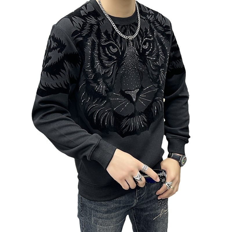 Ropa de hombre, marca de moda, sudadera con capucha de tigre de diamante de planchado de alta gama para hombre, camisa base de cuello redondo vintage para hombre