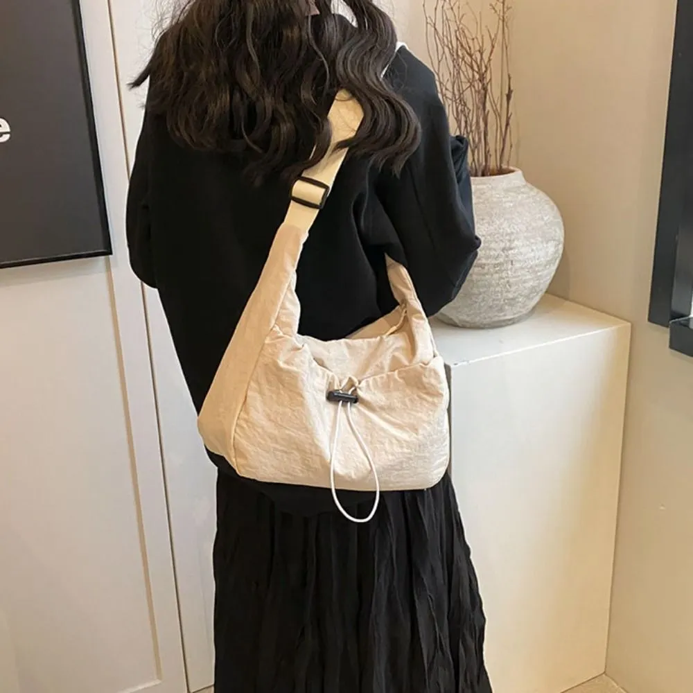 Borsa a tracolla in tela stile coreano con tracolla regolabile in nylon con coulisse e tracolla in tinta unita_voghion.com