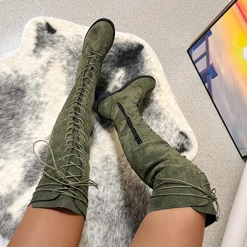 Overknee-Stiefel für Damen, einfarbige Schnürschuhe mit seitlichem Reißverschluss, runde Zehen, klobige Schuhe mit niedrigem Absatz_voghion.com