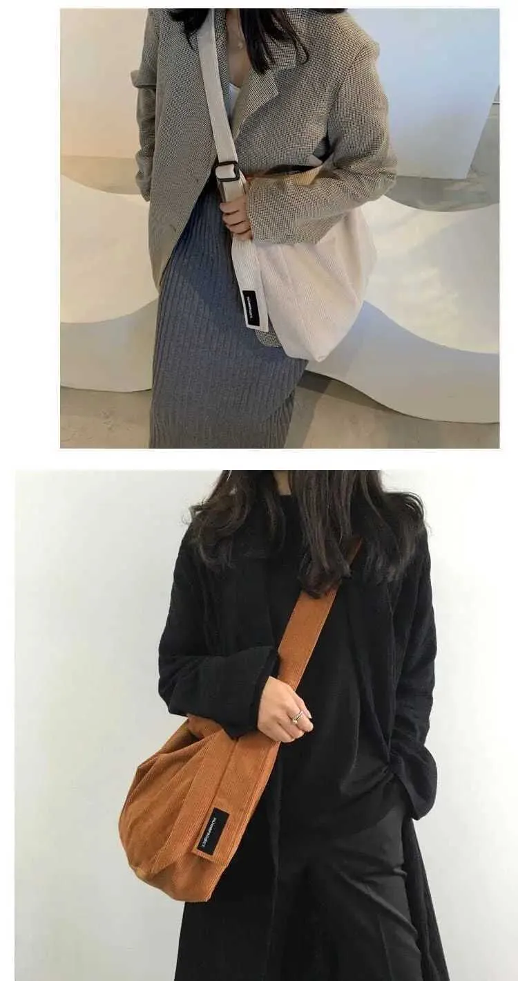 Damska torba na ramię z kordu, mała, bawełniana, płócienna, vintage, duża pojemność, StudentC241031_voghion.com
