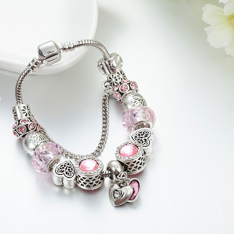 Moda Rosa Cristallo Tether Perline Argento Colore Cuore Charm Braccialetti Per Le Donne Fai Da Te Gioielli Fatti A Mano_voghion.com