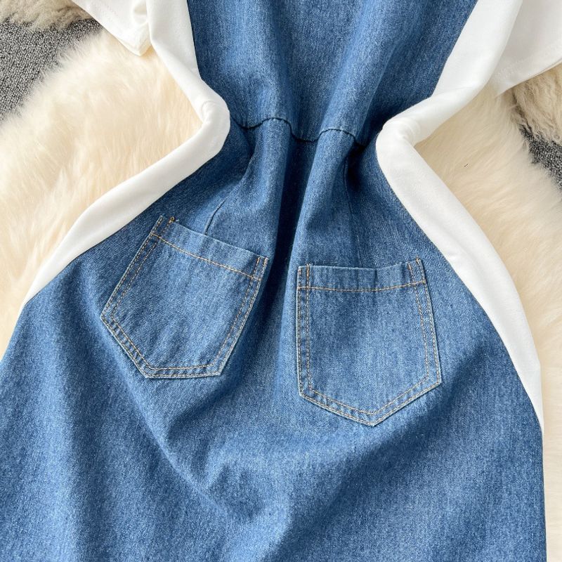 Gonna con bretelle in denim a contrasto a maniche corte, con cerniera, abito corto attillato da donna_voghion.com