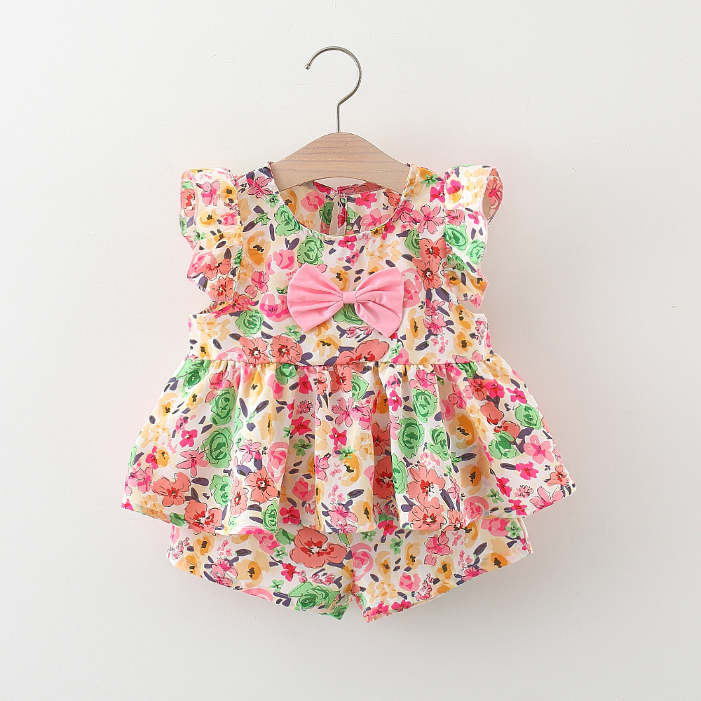 Baby Mädchen Kleidung Set Blume Gedruckt Bogen Top + Baumwolle Shorts Koreanischen Stil Kinder Kleidung_voghion.com