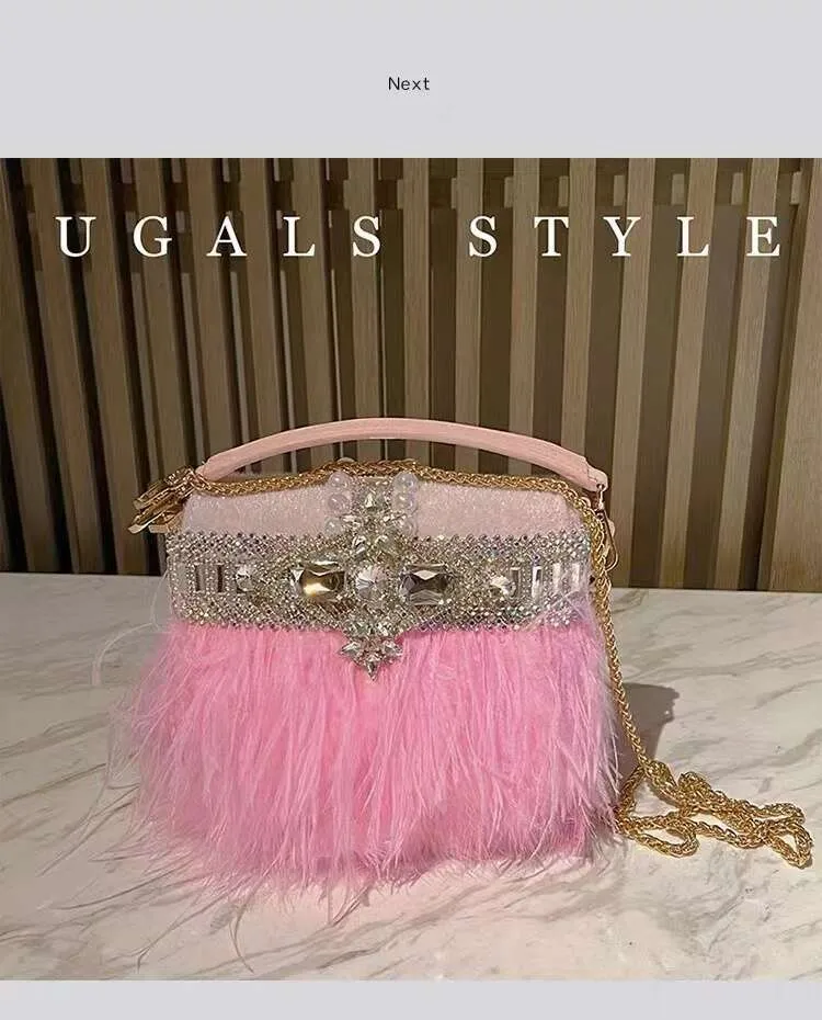 Borsa da sera da donna in pelo di struzzo, borsa a tracolla con pochette in cristallo Rhie Dia, borsa da festa per matrimonio_voghion.com