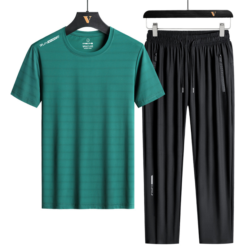 Men's Ice Silk Sports Suit Men's Youth Running Suit Quick-Drying Casual Short-Sleeved T-Shirt Trousers Sports Two-Piece Suit_voghion.com