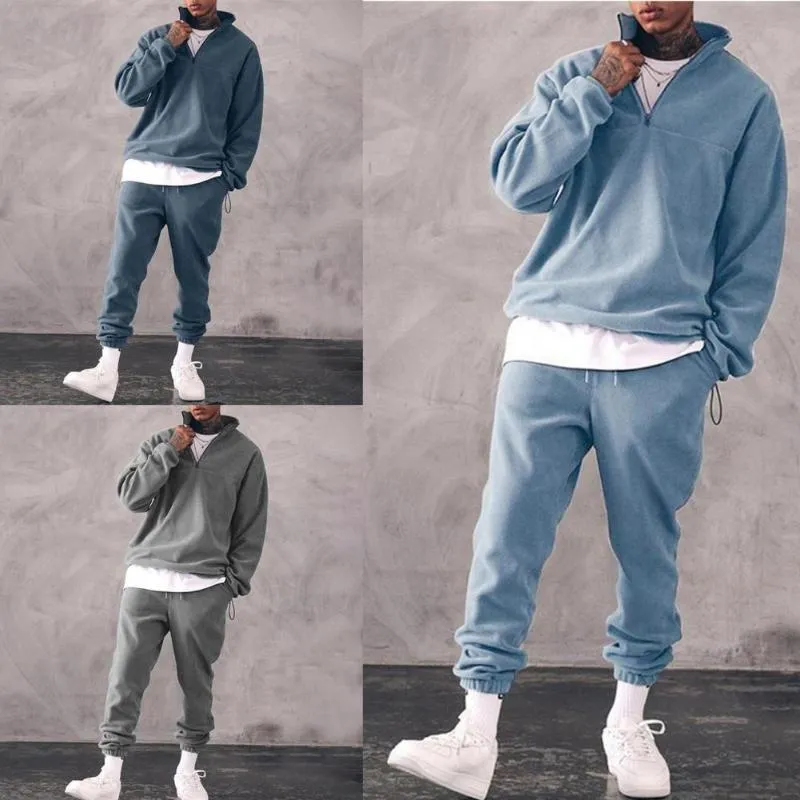 Men's Tracuits 2 Pieces Warm Solid Color Men Tracuit Set For Autumn Winter Fashion Sports Suit Stand Collar Thicken_voghion.com