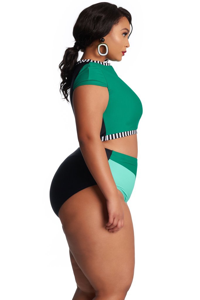 Women's Plus Size High Waist Bikini Swimsuit - Color Blocking, Tummy Control, Full Coverage, Comfortable & Stylish For Beach & Pool_voghion.com