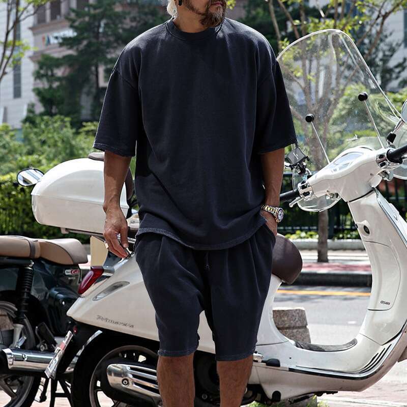 Completo t-shirt uomo casual a maniche corte con pantaloncini tinta unita_voghion.com