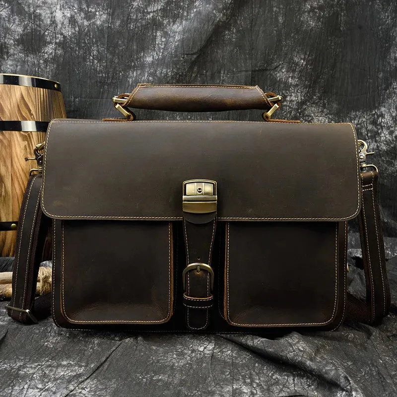 Moda 100% genuino uomo cartella in pelle di mucca laptop vintage spalla vera pelle di mucca borsa per computer 15.6 240815_voghion.com