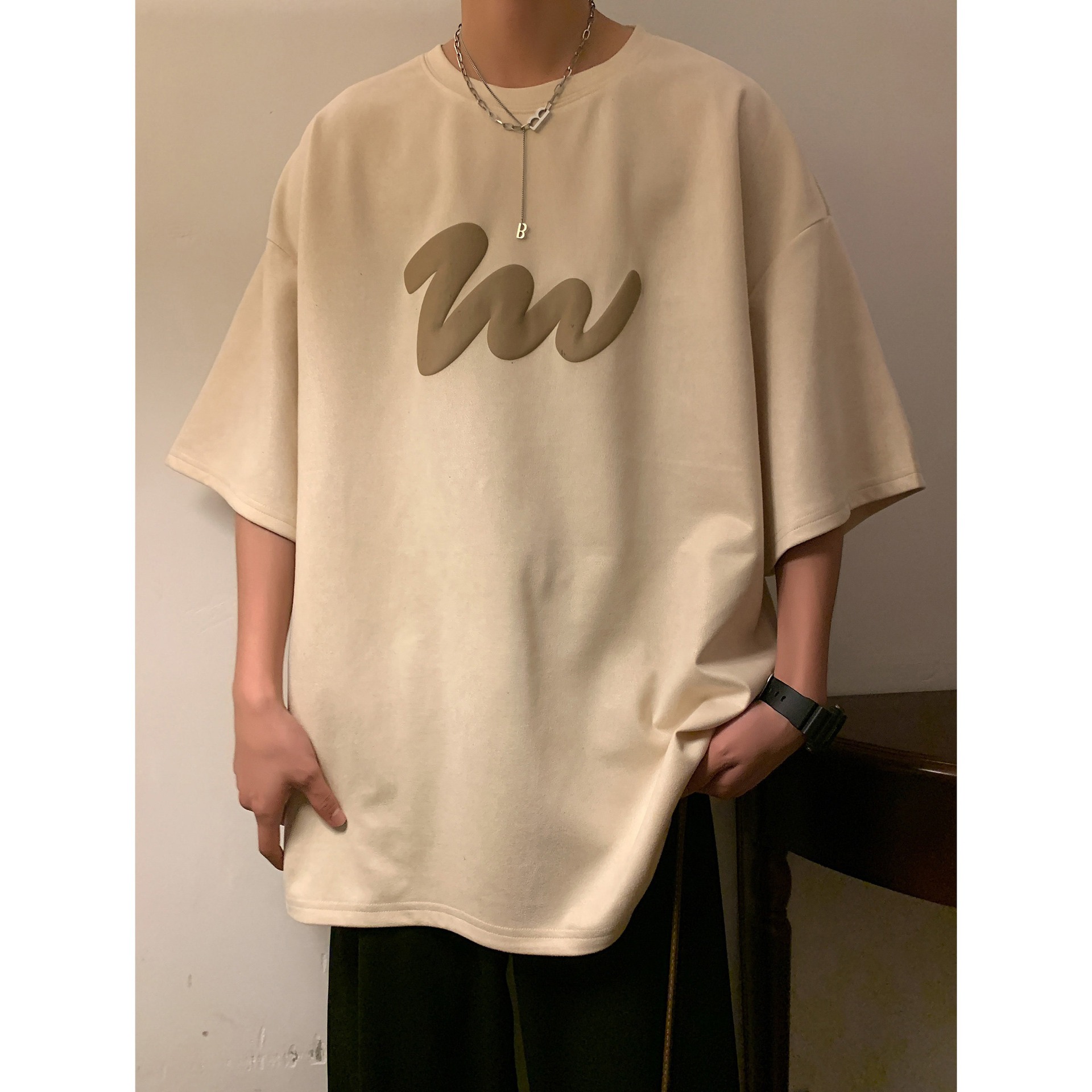 T-shirt a maniche corte pesante in stile americano per uomo, nuova estate alla moda, oversize, ampia e versatile, in pelle scamosciata, maniche corte_voghion.com