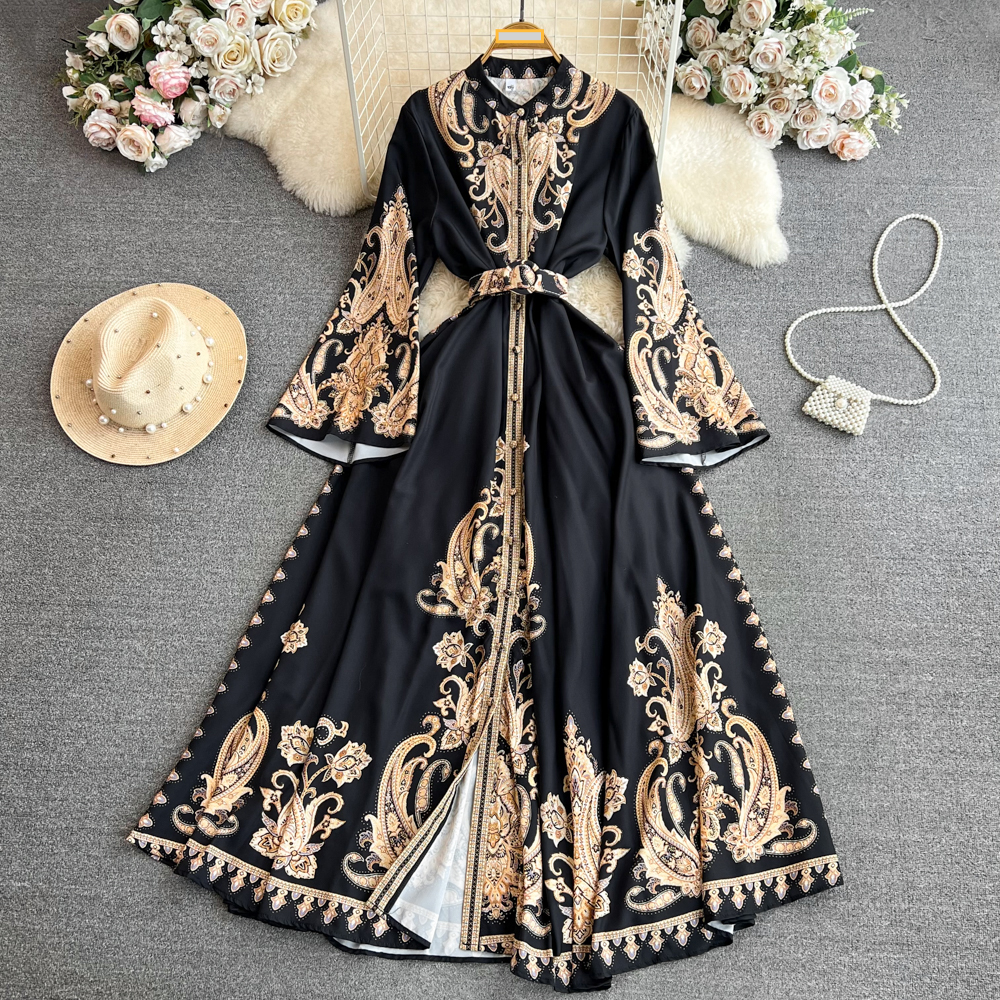 Ropa de mujer Vestido de estilo retro palaciego con temperamento de trompeta, manga larga, solapa, cintura, botonadura sencilla, línea A, estampado de posicionamiento, para mujer