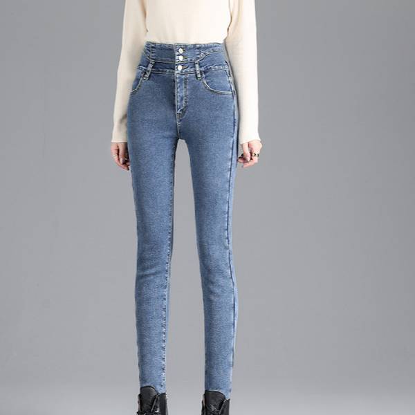 Damjeans skinny med hög midja och fleece-foder i stretchig denim_voghion.com