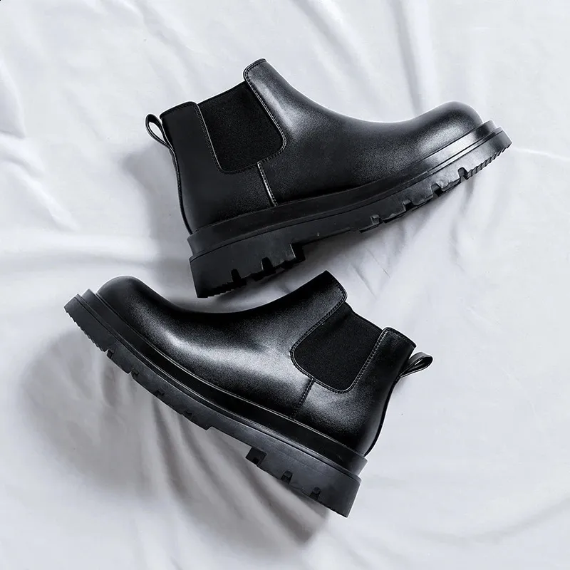 Men's Platform Chelsea Boots Leather High Top Elevator Shoes_voghion.com