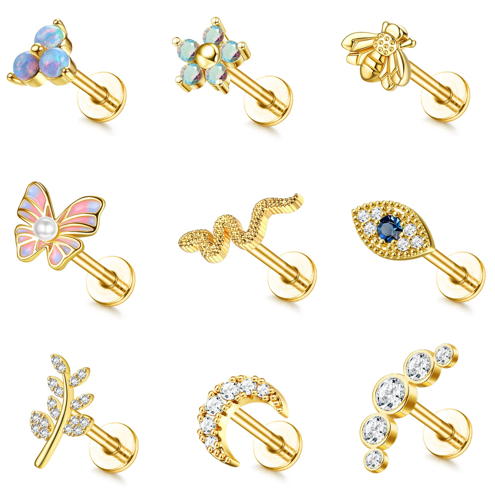 Aurora Atelier Drperfect 16G Cartilage Earrings Stud For Women Stainless Steel Flat Back Butterfly Moon Flower Helix Tragus Piercing Jewelry