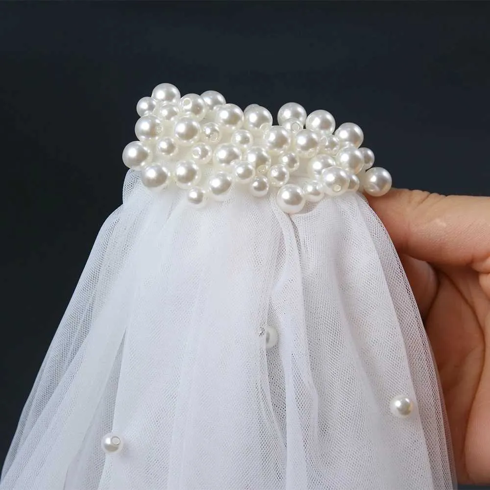 Jewelry Short Bridal Pearls Beaded Veils With Comb 2 Tier Soft Wedding Hair Accessories For Bride Unlocking Romance VP99_voghion.com
