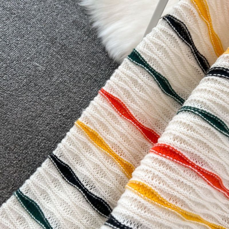 Women's fashion color contrast knit suit ice cream striped top slimming slit skirt_voghion.com