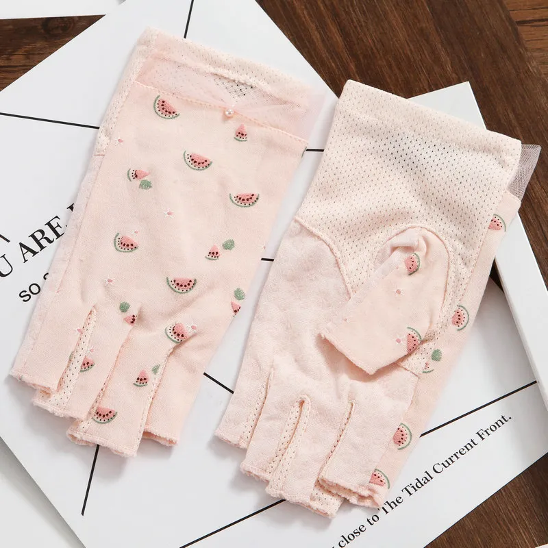 Fashion-Women Half Finger Working Sun Protection UV Cotton Gloves Female Student Summer Fingerless Driving Non-Slip_voghion.com