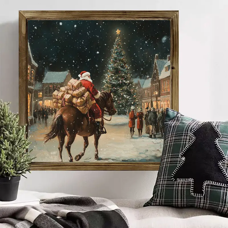 Tablou de perete din lemn cu Moș Crăciun cowboy de 20x20 cm - Moș Crăciun festiv din vest, cal călare sub stele. Decor unic de Crăciun, în stil rustic._voghion.com
