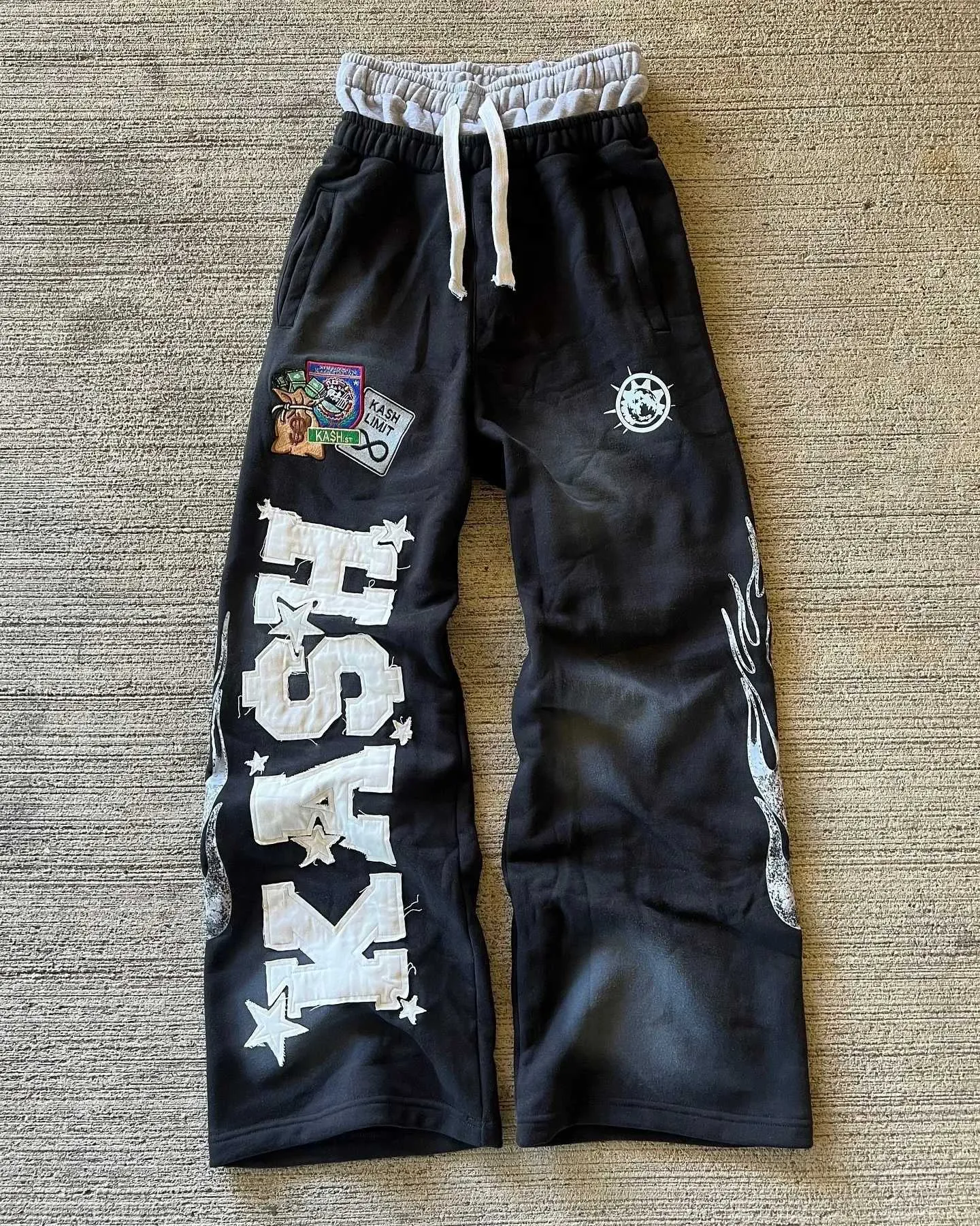 American Sweatpants Y2K Pants Men Gothic Hip Hop Letter Patch Retro Double Layer Design Baggy Elastic Waist Jogging_voghion.com