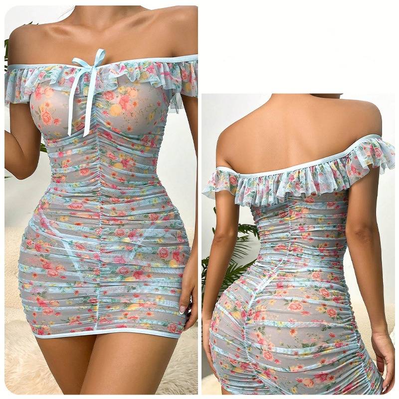 Women's Sleepwears Sexy Flower Underwear Mesh Printing Pleated Temptation Pajamas Nightdress Set