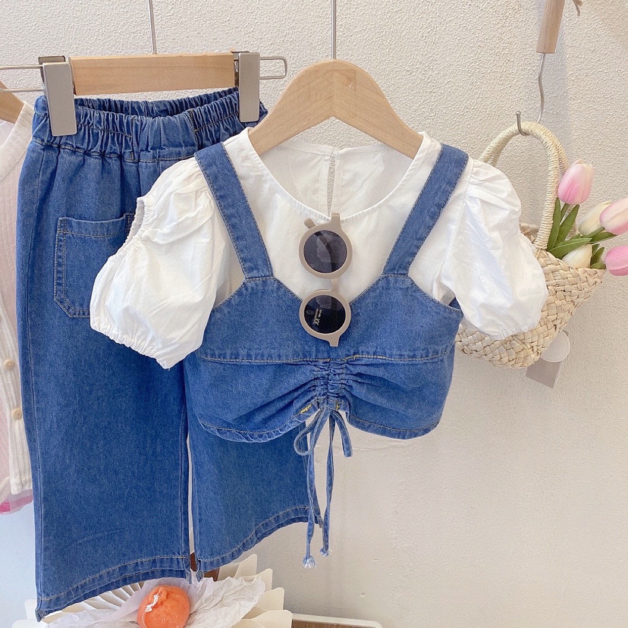 Ancorelala kinder kleidung sommer neue mädchen denim hemd mit hosenträger breite bein hosen drei stück set_voghion.com