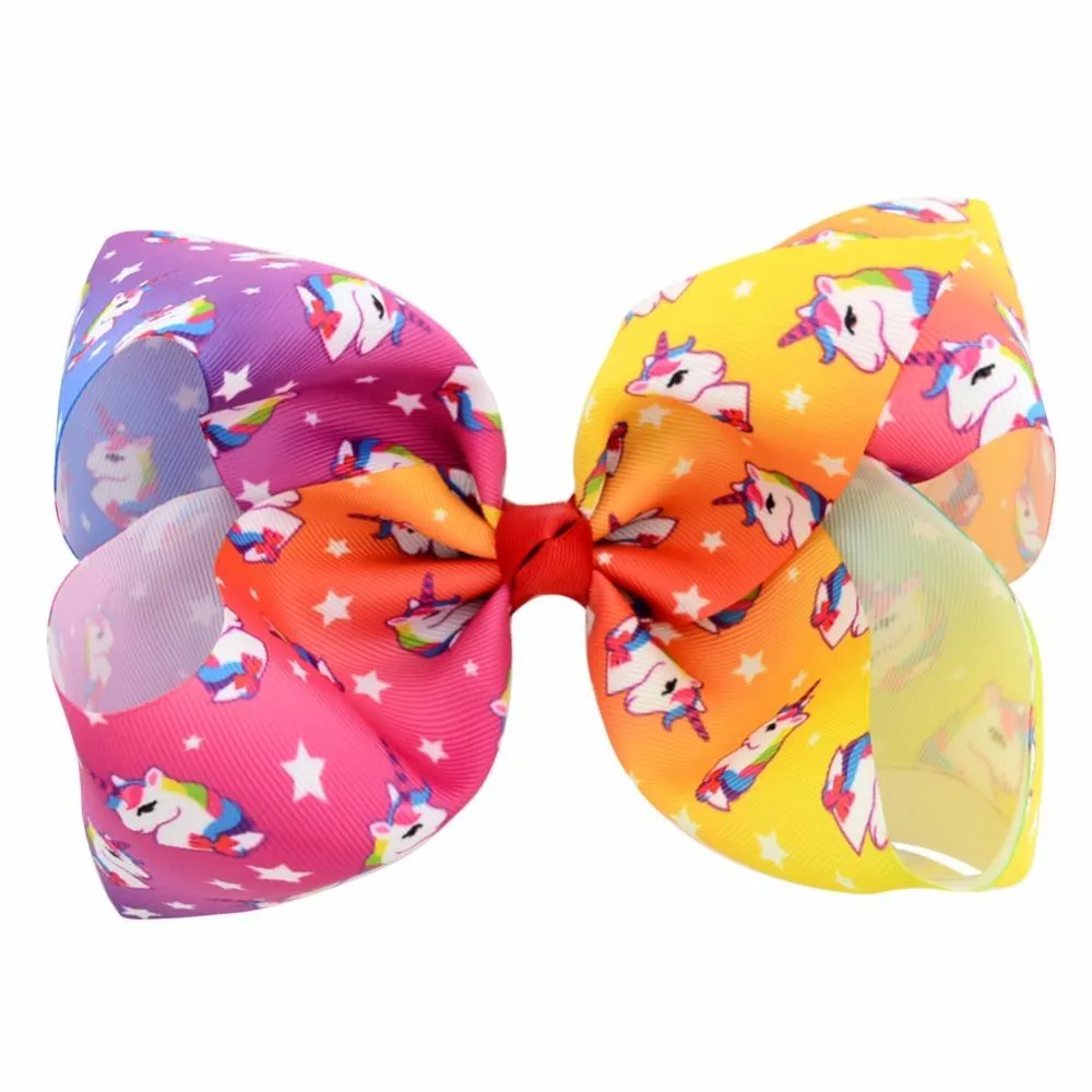 Lot de 8 nœuds en ruban gros-grain avec clip pour filles, grande taille de 20,3 cm, motif licorne, cœur, étoile, imprimé, accessoire pour cheveux fait à la main_voghion.com