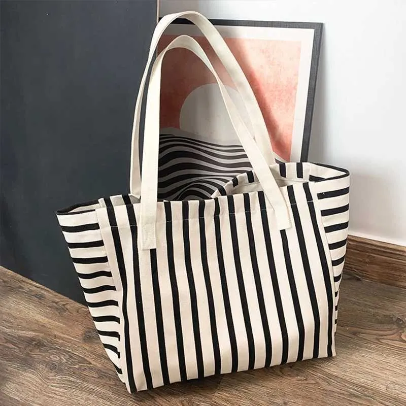 New Beach Handbag Fi Wen Canvas Summer Large Capacity Strip Shopping Bag Y241109_voghion.com