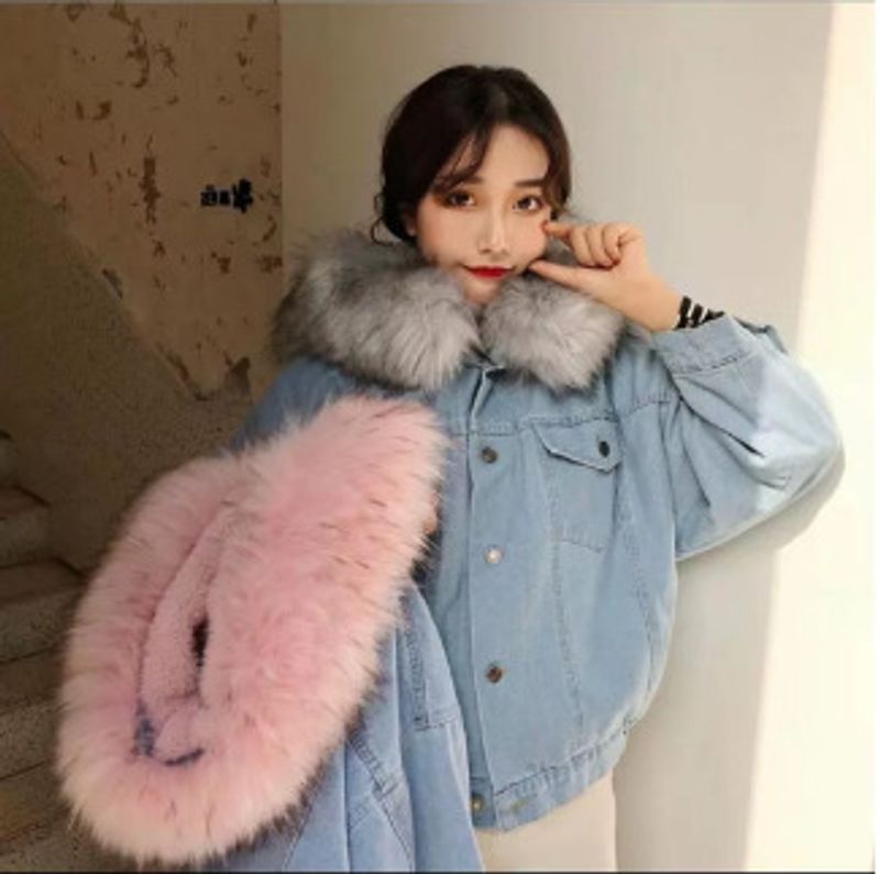 Vêtements pour femmes, hauts en jean à col en fourrure épaisse, vestes courtes amples en coton pelucheux pour femmes_voghion.com