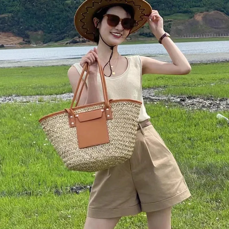 Casual Rattan Basket Bag Wicker Woven Women Handbags Handmade Summer Beach Straw Shoulder Crossbody Bags Big Tote Purse_voghion.com