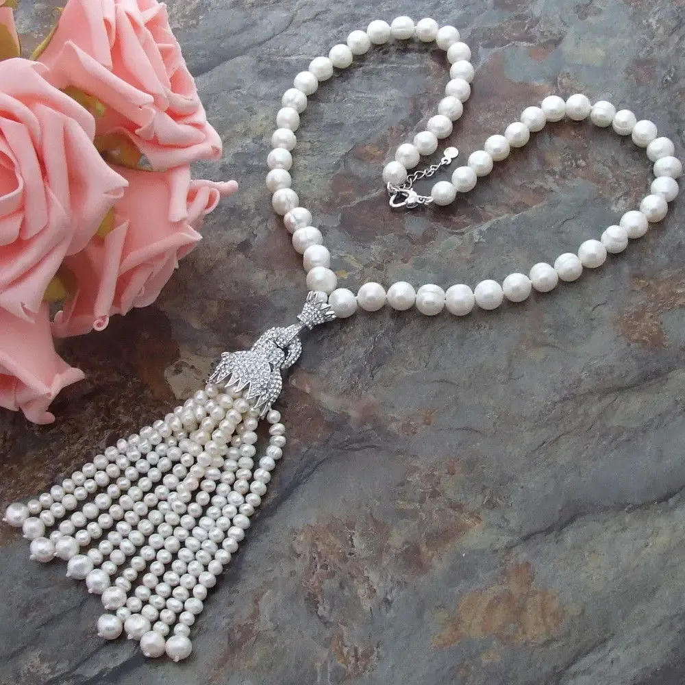 Catene annodate a mano con micro intarsi in zircone e chiusura a testa di leopardo, collana con nappe in perle d'acqua dolce bianche da 8-9 mm, gioielli di moda_voghion.com