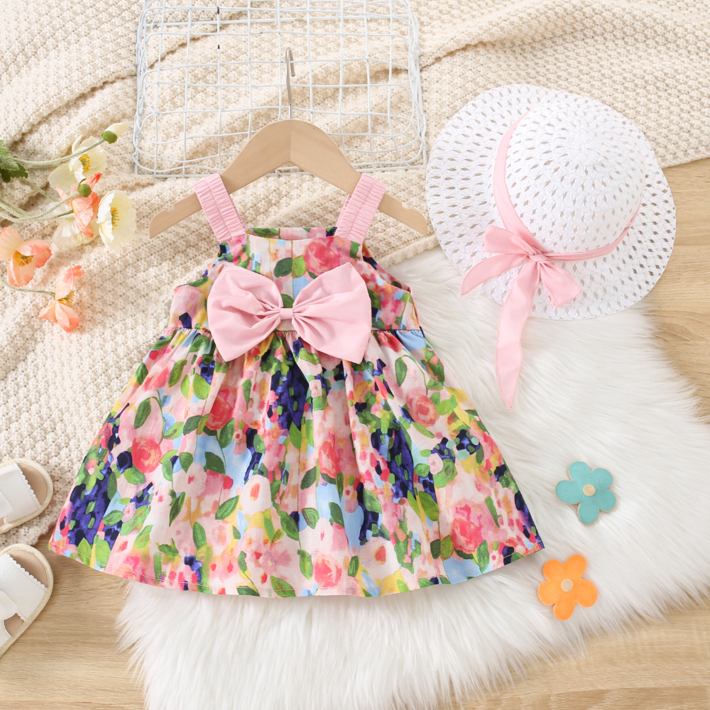 Robe en coton imprimée de fleurs pour bébé fille, tenue d'été de Style plage et vacances, envoyer un chapeau_voghion.com