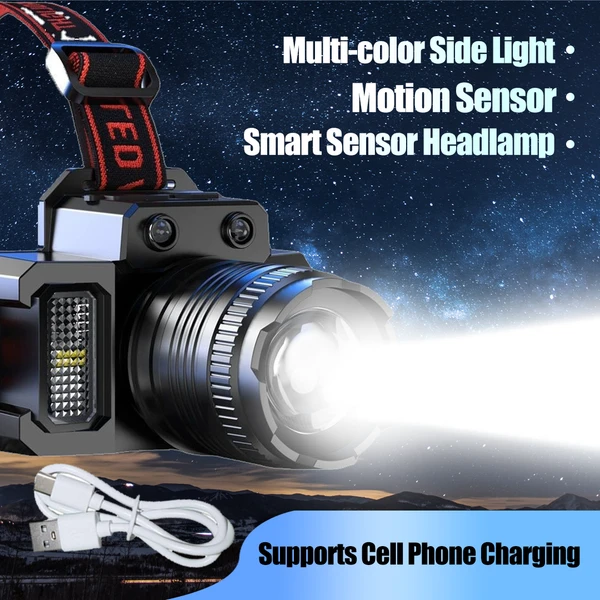 LED-Stirnlampe Superhell 60000 Lm USB wiederaufladbar mit Bewegungssensor_voghion.com