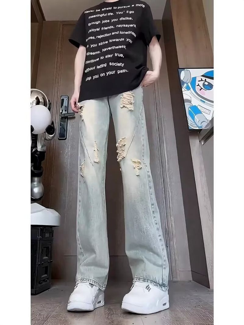 Jeans Used-Look, dünn Sommerhose für Herren Distressed-Design, gerade geschnittene Micro-Schlaghose im amerikanischen_voghion.com